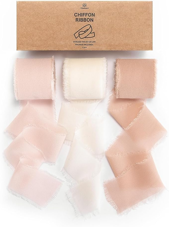 Vitalizart 3 Rolls Handmade Fringe Chiffon Silk Ribbon 1.5" x 7Yd Pink & Cream Ribbons Set for We... | Amazon (US)