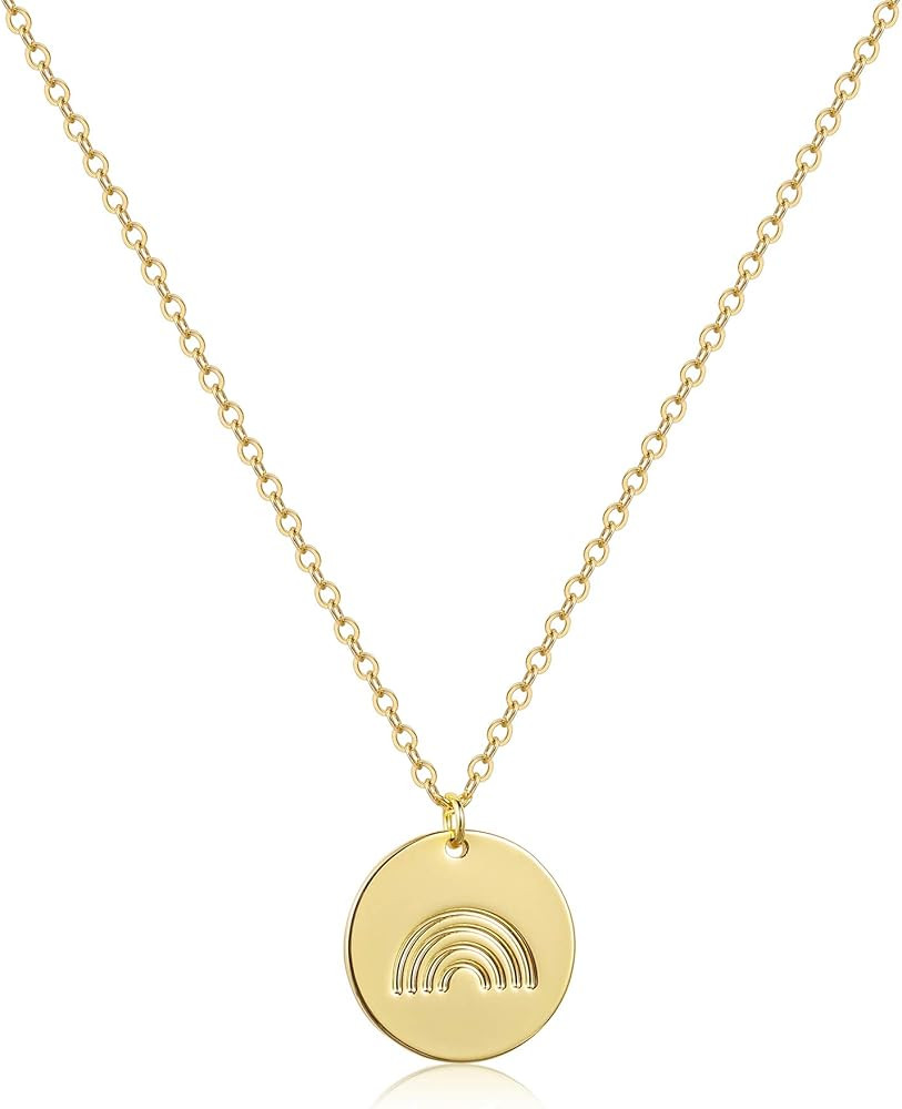 Rainbow Initial Necklaces, 14K Gold Plated Disc Coin Letter Necklace Hand Stamped Rainbow Bridge ... | Amazon (US)