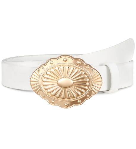 WOWOGO Women-Western-Cowgirl-Belt-Country-Concho Vintage Leather Belt with Concho Turquoise Buckle,-Gold White | Amazon (US)