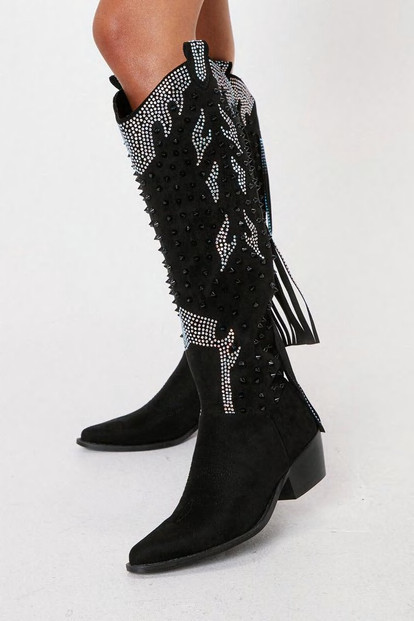 Studded Diamante Faux Suede Cowboy Boots | Nasty Gal (US)