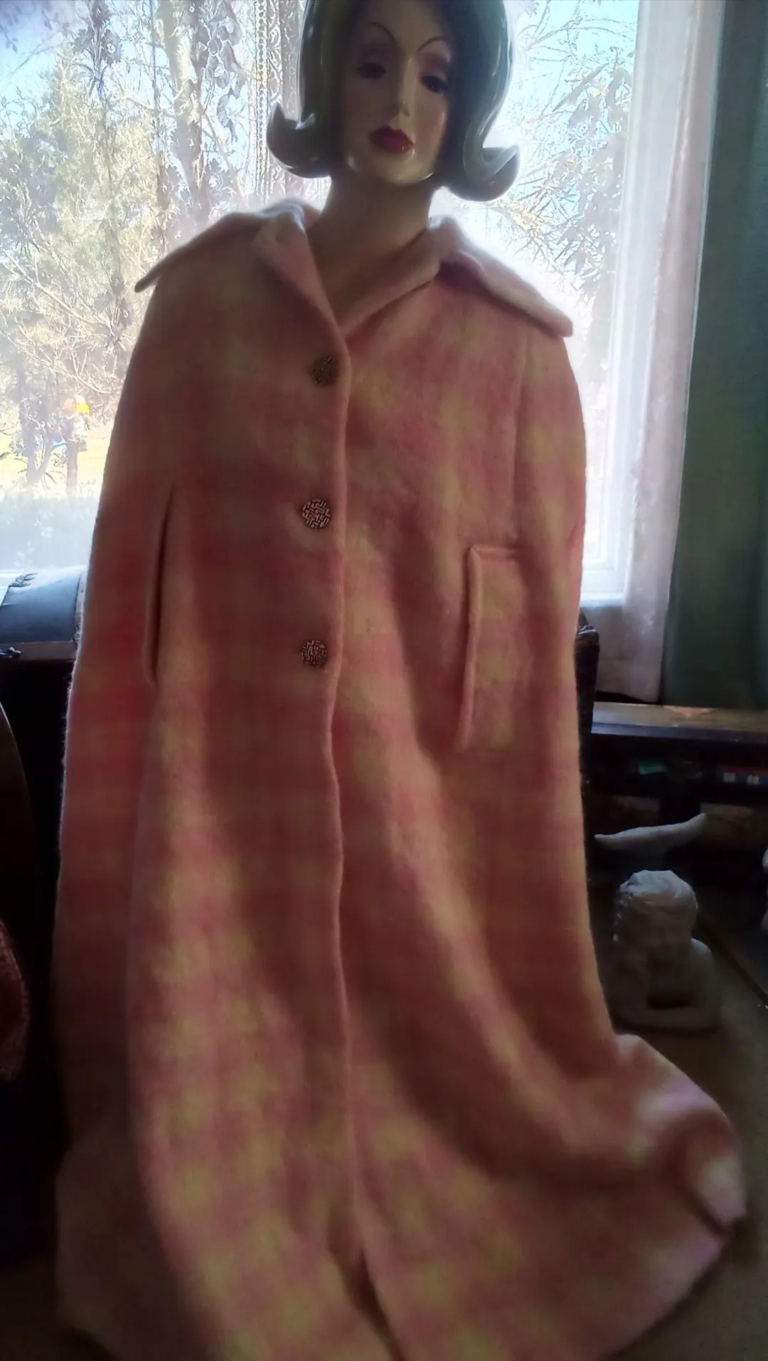 Vintage Ladies Donegal Designs Ireland Wool Pink & White Plaid Maxi Cape Coat - Etsy | Etsy (US)