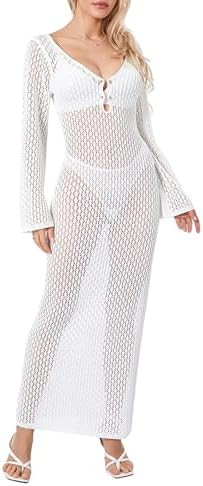 Womens Crochet Swimwear Cover Up Dress Sexy V Neck Hollow Out Backless Maxi Dress Long Sleeve Bod... | Amazon (US)