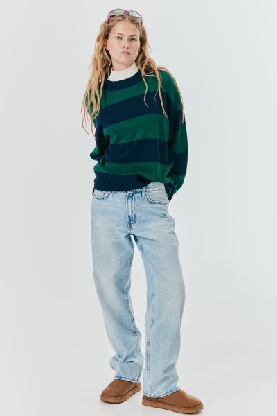 Jacquard-knit Sweater - Navy blue/green striped - Ladies | H&M US | H&M (US + CA)