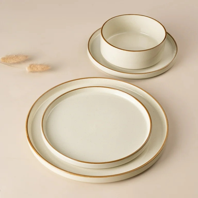 Famiware Nebula Stoneware Dinnerware Sets, 12-Piece Dish Set, Vanilla White with Brown Rim | Walmart (US)