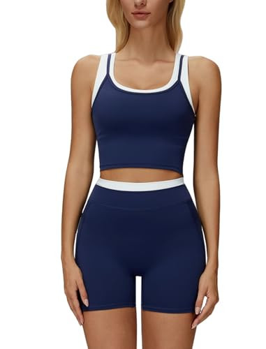 Two Piece Workout Sets For Women Racerback Color Block Tank Top Matching High Waist Booty Lifting Biker Shorts 2 Piece Gym Yoga Active Wear Outfits Womens Athletic Work Out Set U Back Dark Blue S | Amazon (US)