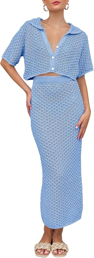 Saodimallsu Women Crochet Beach Cover Up Set Knit Crop Button Short Sleeve Collar Top Bodycon Lon... | Amazon (US)