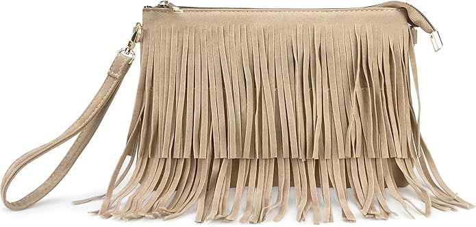 HOXIS Fringe Cross Body Bag Womens Small Shoulder Bag Top Zip Wristlet | Amazon (US)