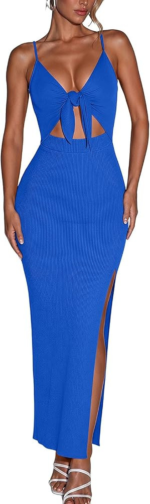 oten Womens Spaghetti Strap Sleeveless Maxi Dresses with Built in Bra Tie Front Cutout Side Slit ... | Amazon (US)