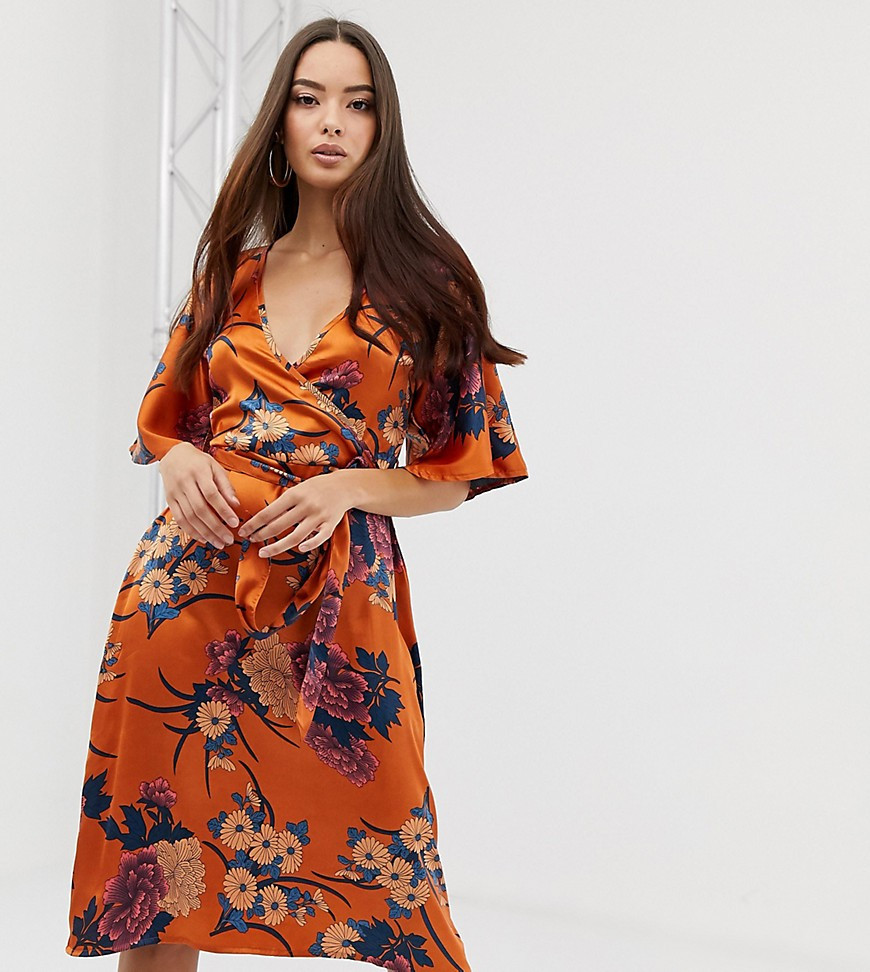 PrettyLittleThing satin kimono midi dress in orange floral-Brown | ASOS (Global)