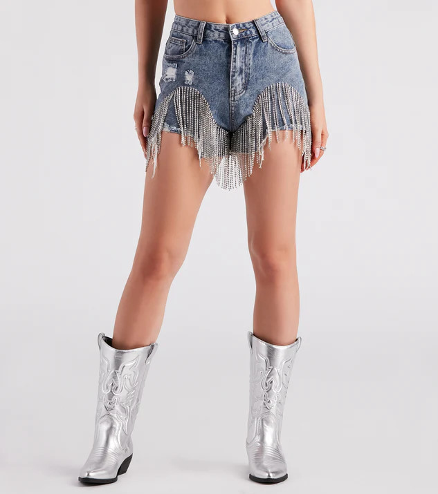 On The Fringe Rhinestone Denim Shorts | Windsor Stores