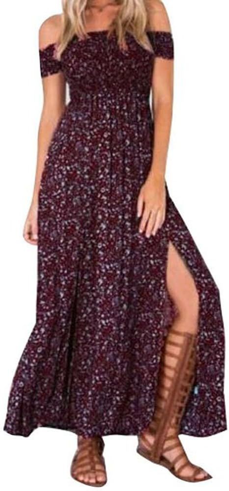 Womens Summer Maxi Dress Slit Split Boho Off Shoulder Long Beach Dress | Amazon (US)