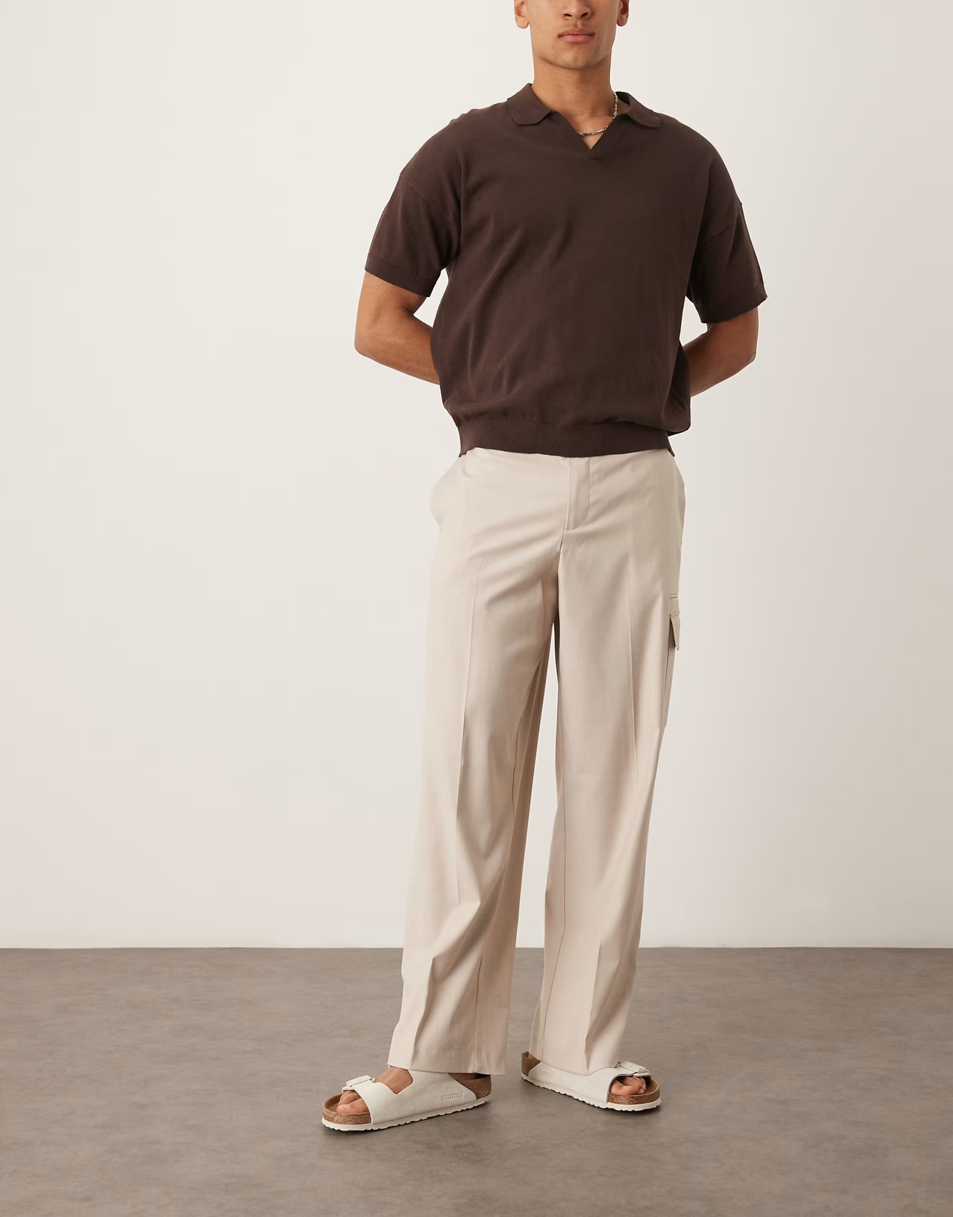 ASOS DESIGN smart loose leg cargo trousers in neutral linen look | ASOS (Global)