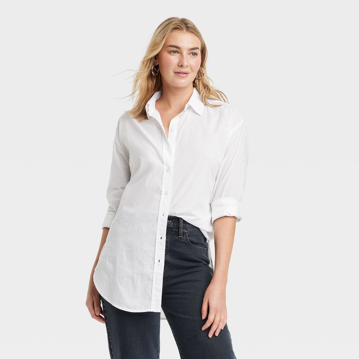 Women's Tunic Long Sleeve Collared Button-Down Shirt - Universal Thread™ White L | Target