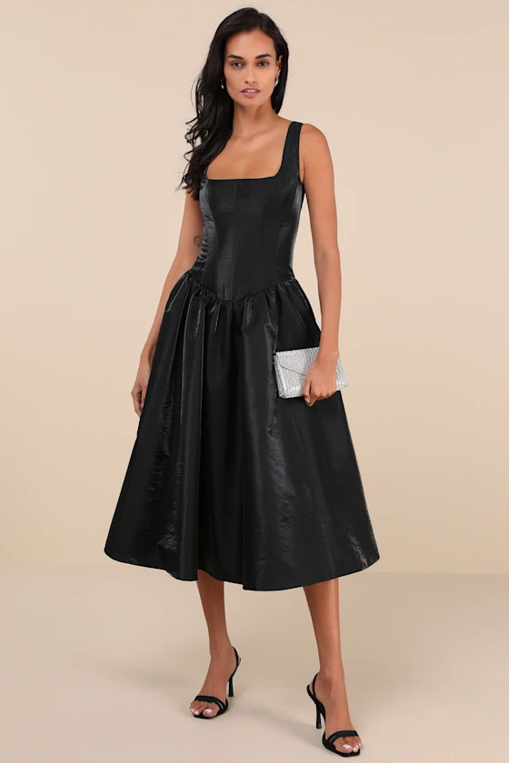 Sensationally Impressive Black Shiny Taffeta Lace-Up Midi Dress | Lulus