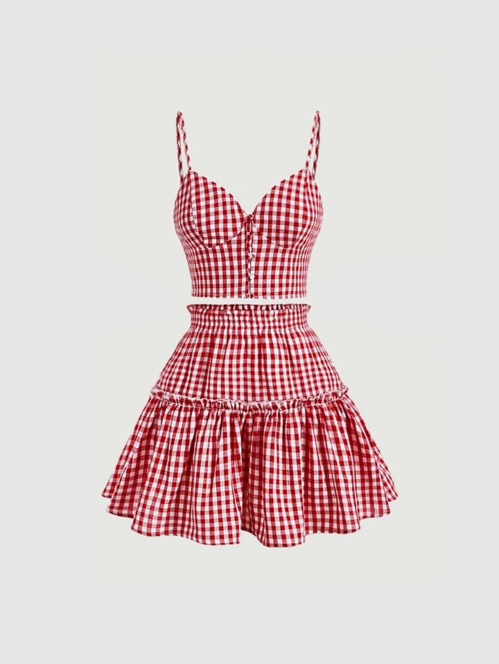 SHEIN MOD Gingham Print Cami Top & Ruffle Hem Skirt | SHEIN