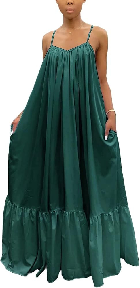 Adogirl Women's Sexy Spaghetti Strap Sleeveless Ruched Ruffle Hem Bandage Oversized Beach Loose L... | Amazon (US)