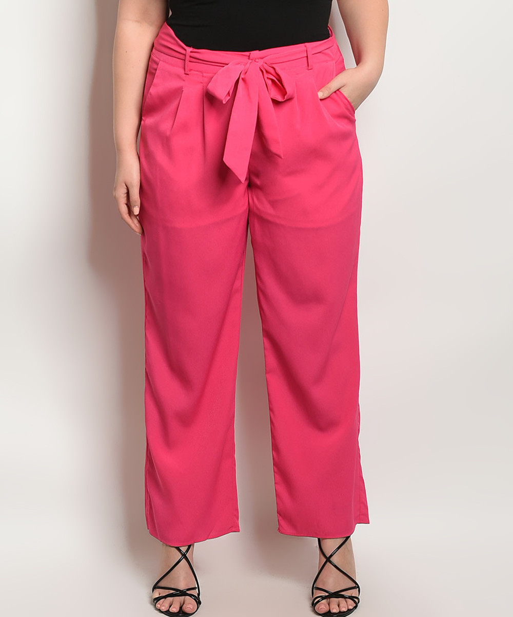 The Balec Group Women's Casual Pants FUSCHIA - Pink Belted Wide-Leg Trousers - Plus | Zulily
