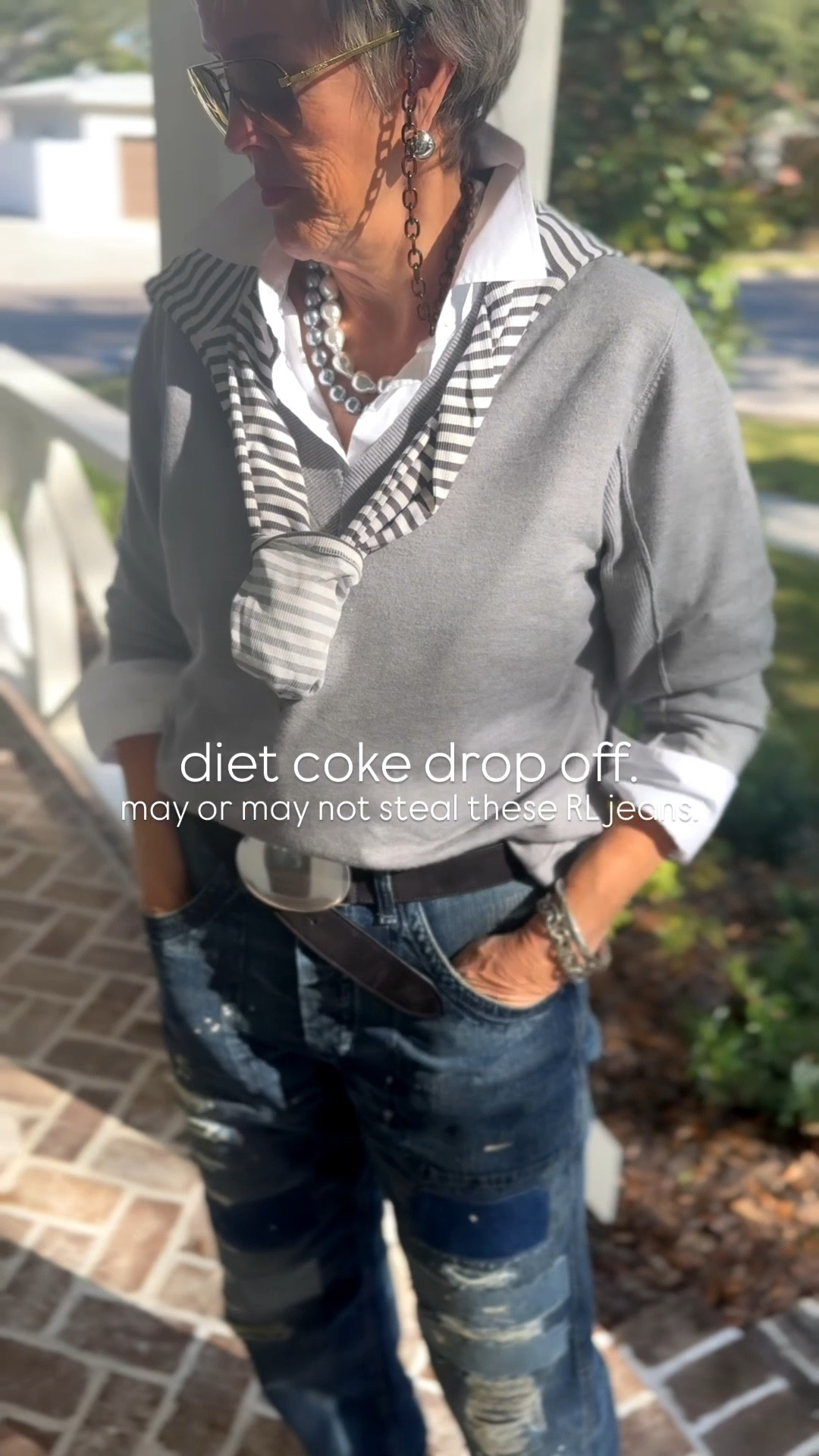 grandma style // distressed denim // grey sweater // silver accessories 

#LTKSeasonal #LTKOver40