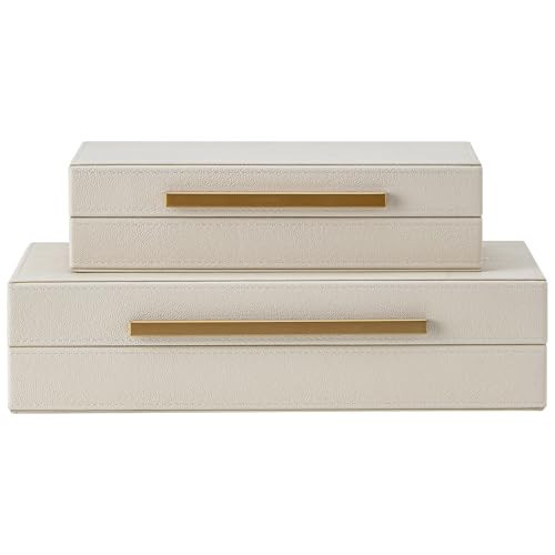 Set of 2 Beige Shagreen Decorative Storage Boxes with Gold Metal Handles – Faux Leather Jewelry & Memory Boxes, Nesting Photo Organizers for Home Decor | Amazon (US)