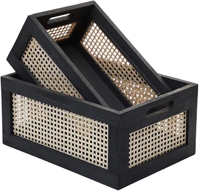 Wood Baskets, Rattan Storage Baskets for Organizing, Black, Set of 2 | Amazon (US)