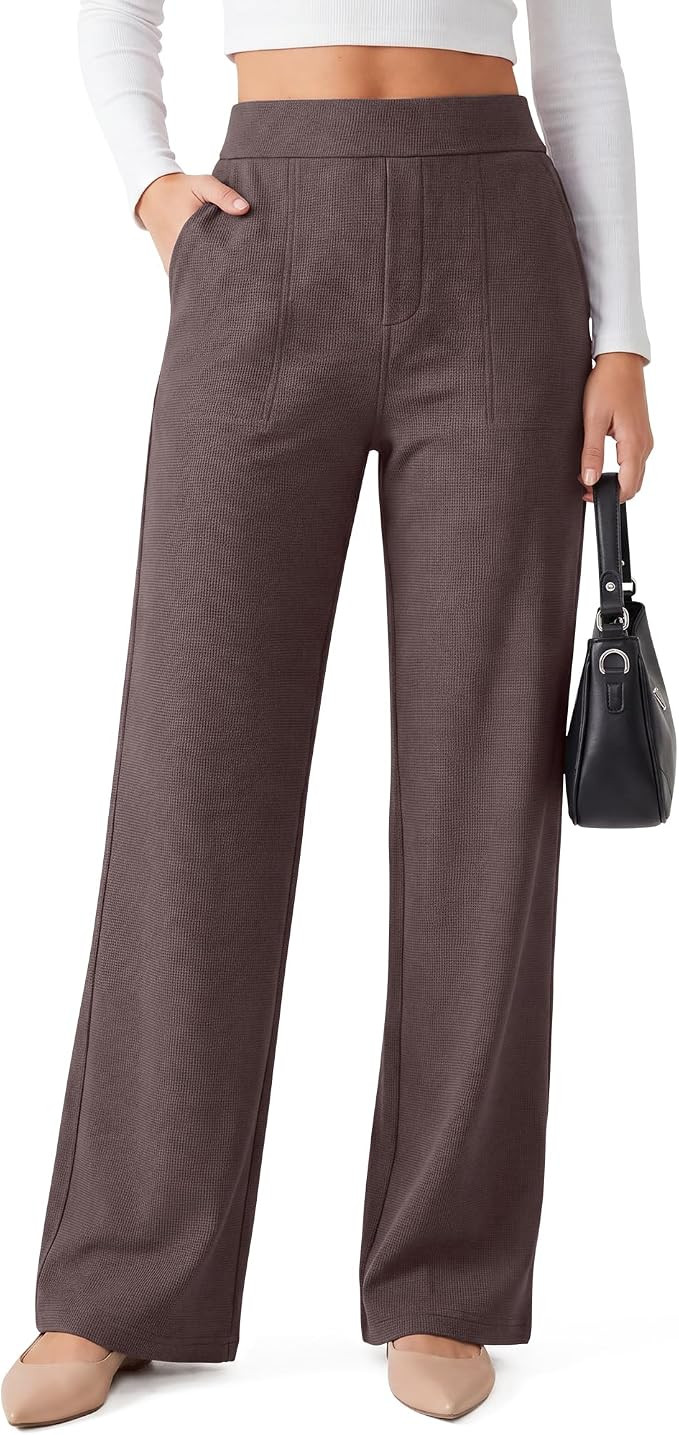 G4Free Waffle Wide Leg Dress Pants for Women - Pull On Work Pants High Waisted Stretchy Trousers | Amazon (US)