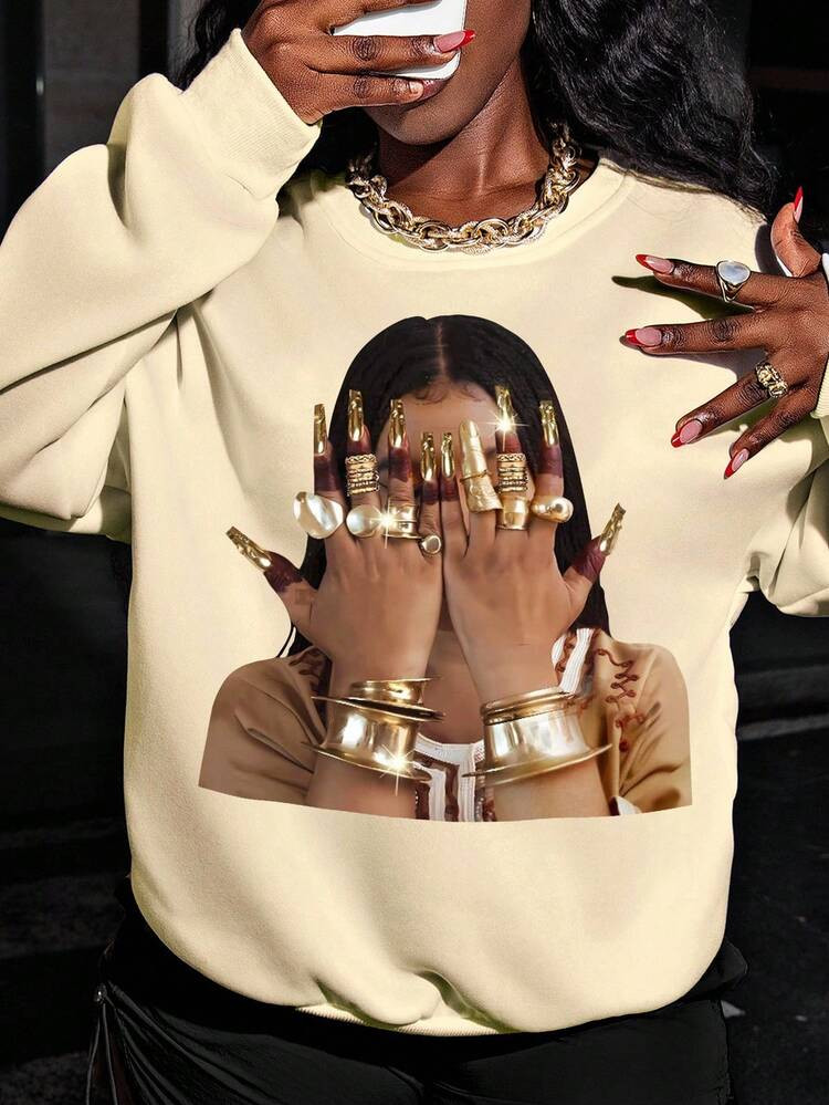 Rovax Women's Casual Figure Print Loose Fit Crew Neck Long Sleeve Sweatshirt Fall Cloth For Women | SHEIN