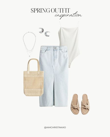 Spring outfit inspiration 
—
Denim midi skirt, knot-detail leather sandals, straw shopper bag, white shoulder strap bodysuit, silver hoop earrings, silver double necklace, date night outfit, casual outfit, denim skirt outfit, summer outfit, spring outfit, sandals, neutral outfit, minimal outfit, vacation outfit

#LTKStyleTip #LTKFindsUnder50 #LTKFindsUnder100