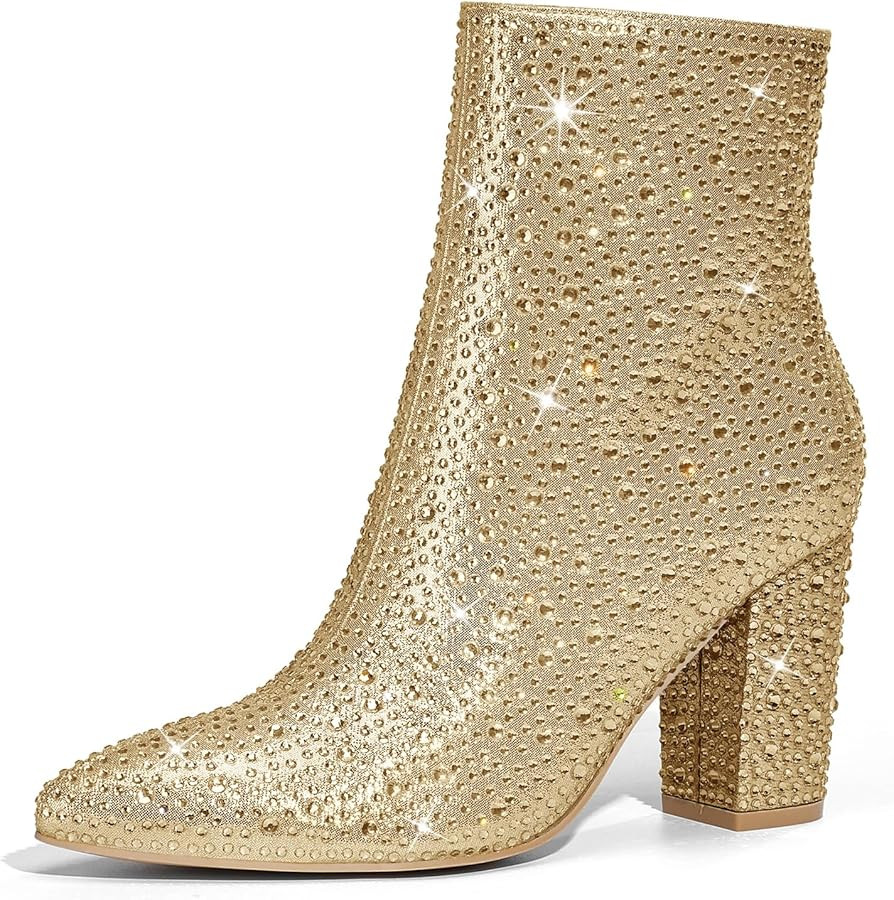Rollda SUEDI Rhinestone Boots for Women, Sparkly Ankle Booties with Pointed Toe, Ladies Block Chu... | Amazon (US)