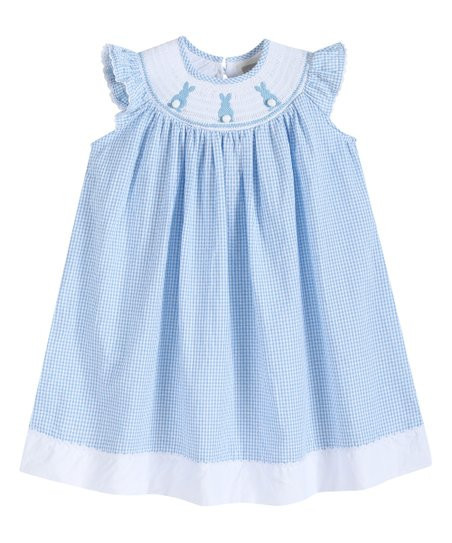 Blue & White Gingham Bunny Smocked Angel-Sleeve Bishop Dress - Infant, Toddler & Girls | Zulily