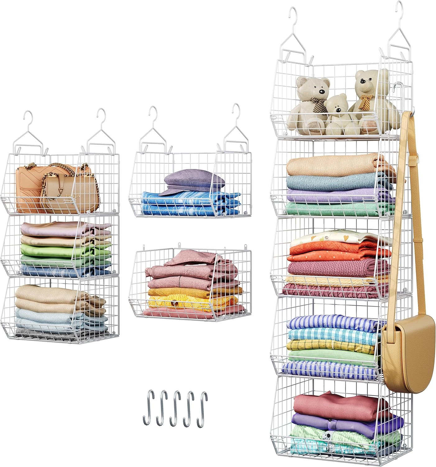5 Tier Closet Hanging Organizer, Clothes Hanging Shelves with 4 Hanging Hooks 5 S Hooks, Wire Sto... | Amazon (US)