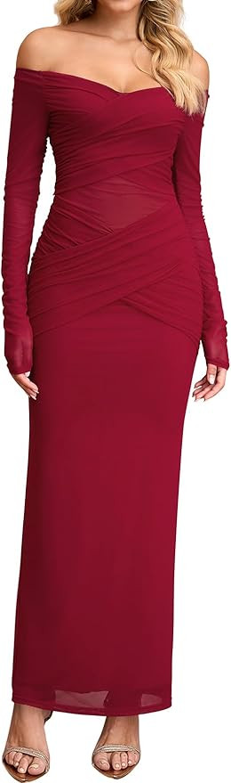 KUTUMAI Women Sheer Long Sleeve Off Shoulder Formal Cocktail Wedding Guest Dresses Fall Mesh Ruch... | Amazon (US)
