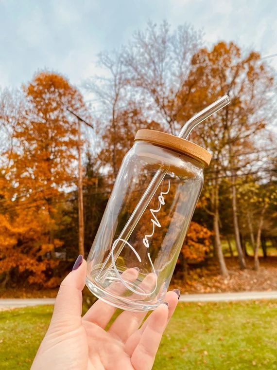 16 Oz Personalized Name Can Glass With Lid and Straw Etched | Etsy | Etsy (US)