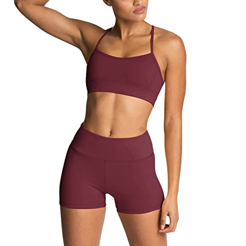 IWEMEK Workout Sets for Women 2 Piece Adjustable Cross Back Sport with High Waist Biker Shorts Exercise Gym Yoga Outfits Burgundy Large | Amazon (US)
