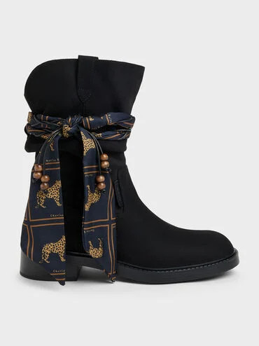 Black Textured Faux Suede Printed-Scarf Calf Boots | CHARLES & KEITH | Charles & Keith US