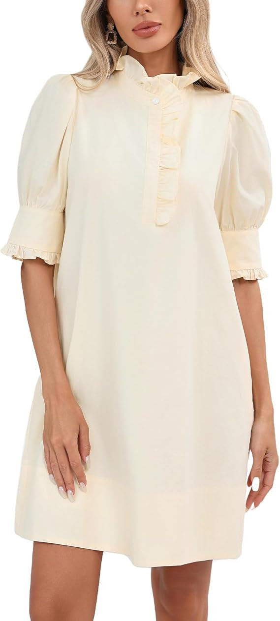 Women's Puff Short Sleeve Stand Ruffle Collar Summer Dress Casual A Line Shift Mini Dress with Po... | Amazon (US)