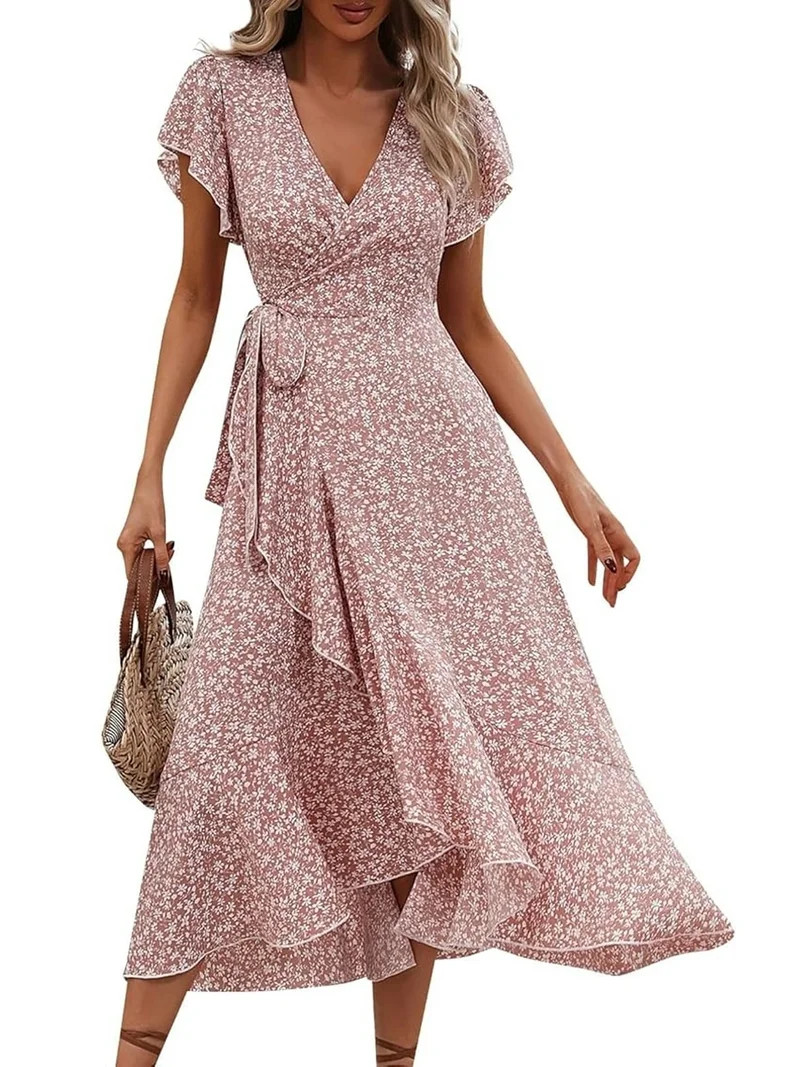 MLDRA Dress for Women Flower Floral Wedding Guest Dress V Neck Wrap Ruffle Sleeve Beach Skirt Cas... | Walmart (US)