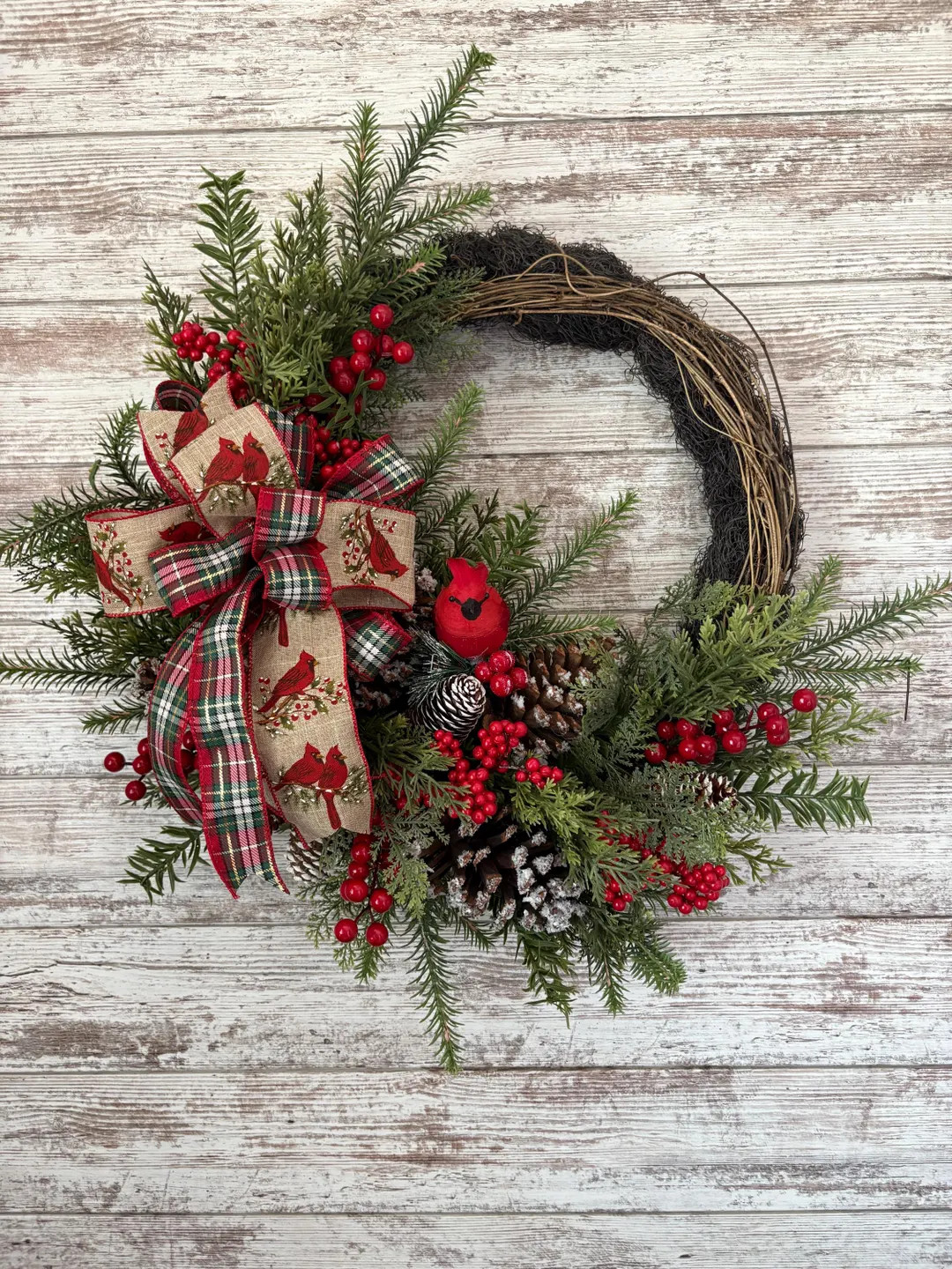 Cardinal Winter Wreath for Front Door Red Berrys and Pine Ones Holiday Seasonal Wreath for Decemb... | Etsy (US)