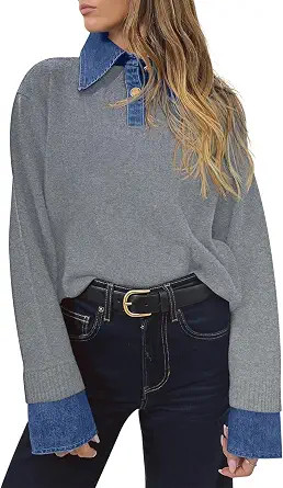 Saodimallsu Womens Denim Patchwork Sweaters V Neck Polo Pullover Tops | Amazon (US)