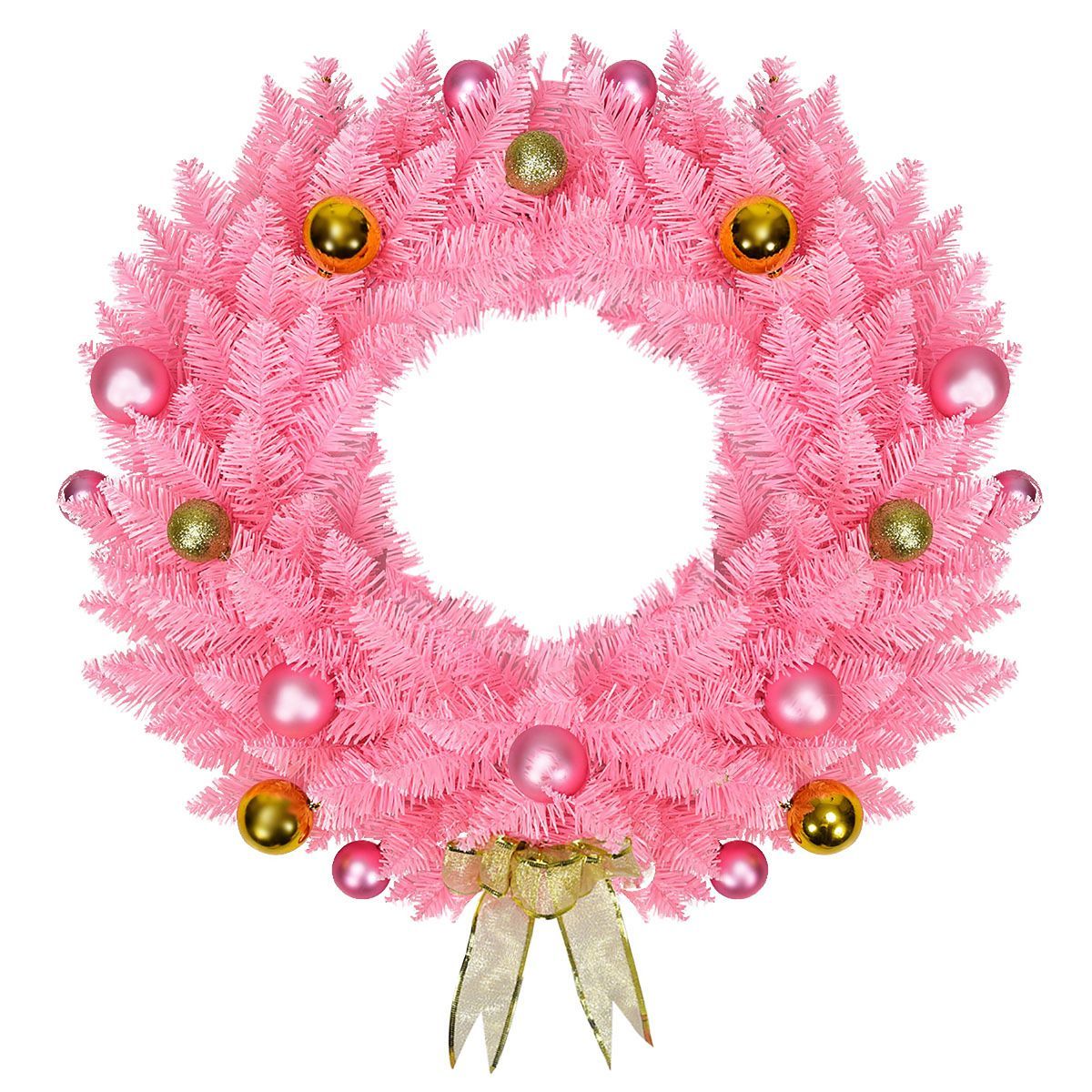 Costway 24'' Artificial PVC Christmas Wreath 140 Tips w/ Ornament Balls & Golden Bow Pink | Target