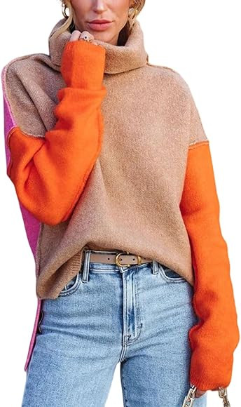 SELINK Women's Pullover Sweater Tops Color Block Turtle Neck Drop Shoulder Knit Sweater Long Sleeve  | Amazon (US)