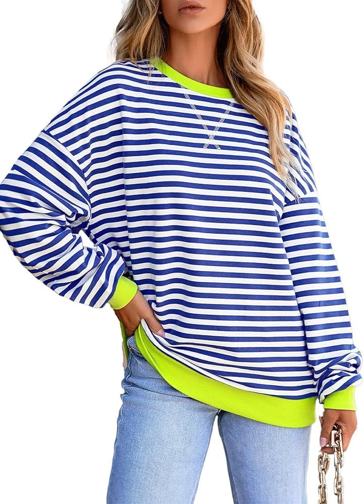 AlvaQ Womens Oversized Sweatshirt 2024 Casual Crewneck Long Sleeve Colorblock Striped Pullover Tu... | Amazon (US)