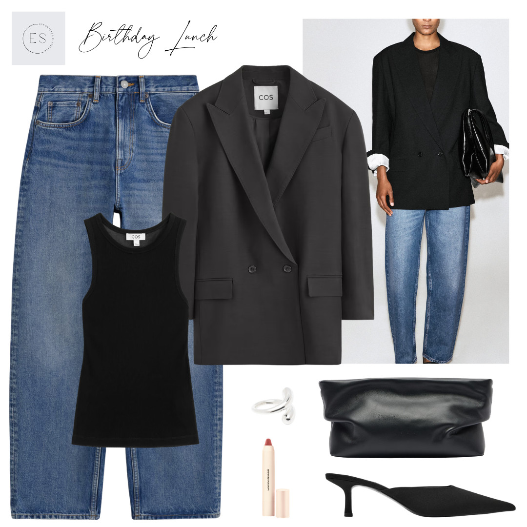 Smart casual jeans outfit. 

Blue barrel leg jeans, black silk tank top, black contrast lined double breasted blazer, black leather slouchy clutch bag, silver wrap ring, rose nude lip crayon, black leather heeled mules. 

 #LTKuk #LTKautumn #LTKjeans