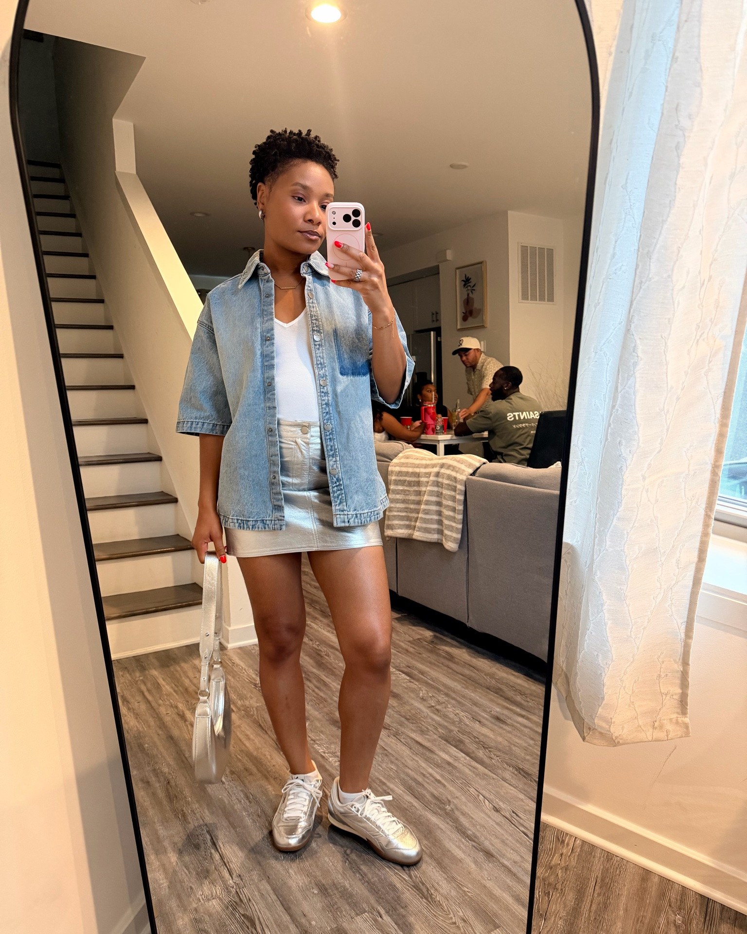 Concert fit: Denim shirt, white tank and silver skirt with matching shoes and bag. Love how this look came together!

#LTKootd #LTKgrwm #LTKdayinmylife
