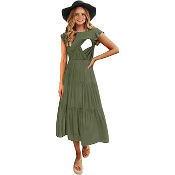 Womens Flutter Short Sleeve Smocked Tiered Nursing Dress for Breastfeeding | Amazon (US)