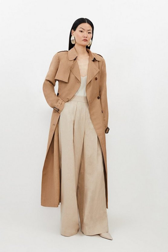 Soft Viscose Linen Tailored Belted Trench Coat | Karen Millen UK + IE + DE + NL