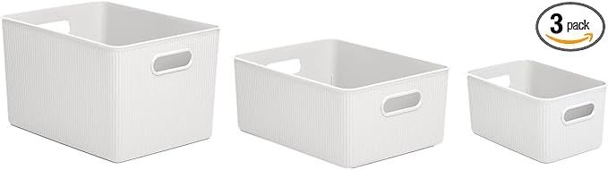 Superio Ribbed Collection - Decorative Plastic Open Home Storage Bins Organizer Baskets, White (S... | Amazon (US)