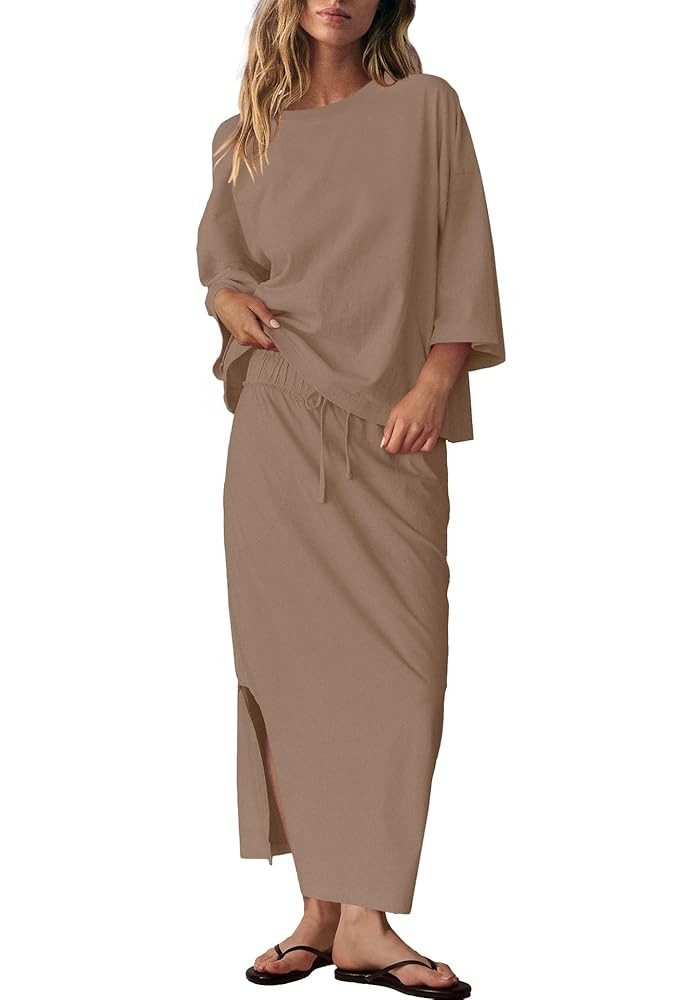 LAMISSCHE Skirt Sets Women 2 Piece Outfits Casual Lounge Set Back Vented Tops and Maxi Dress with... | Amazon (US)