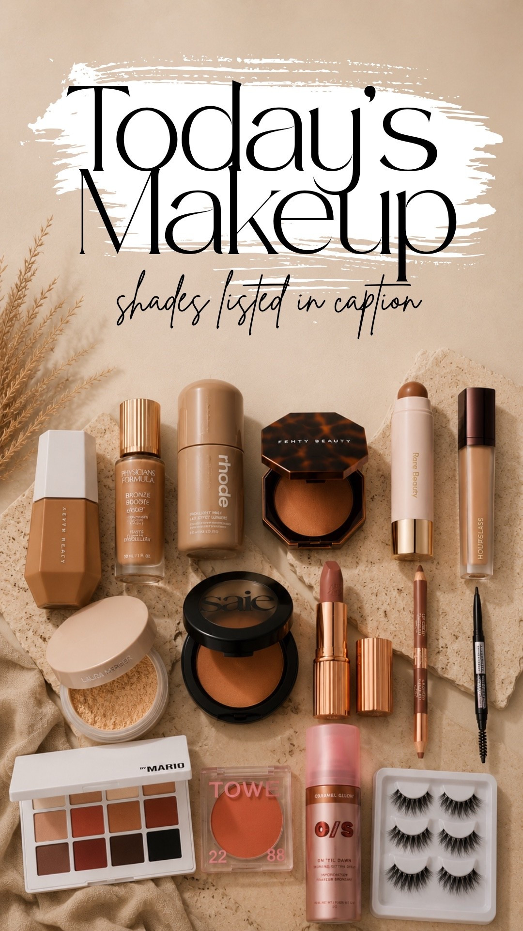 Ton of requests in my DMs today on what makeup products I’m using. Here is a list for you.

Fenty shade 7 
Rhode shade 03 
Rare beauty contour- bright side 
Fenty bronzer - churro twist 
Saie bronzer - Napoli 
Tower 28- golden hour 
Hourglass concealer cotton 2 
Eye brow pencil - soft brown 
Lip liner - shade medium 
Lip stick - Kim KW