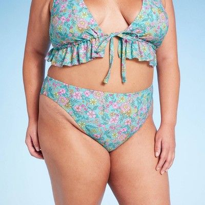 Women's Mid-Rise Cheeky High Leg Bikini Bottom - Wild Fable™ Green Floral Print | Target