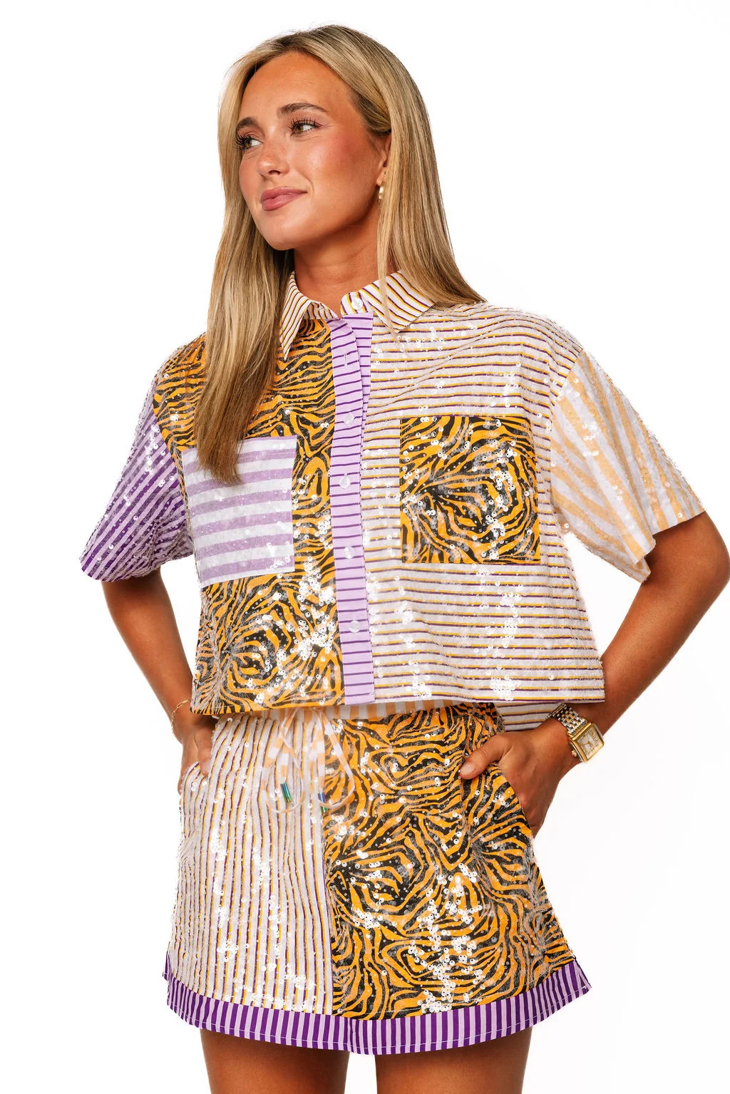 Purple, Yellow & Tiger Colorblock Sequin Button Up Pocket Top | Queen of Sparkles